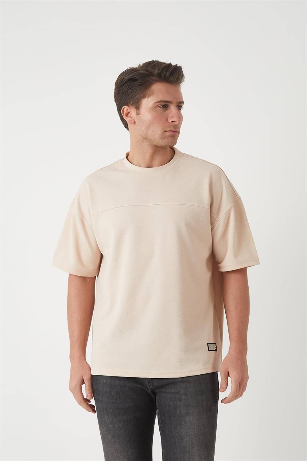 Panel Detaylı Basic Oversize Erkek T-Shirt - Bej