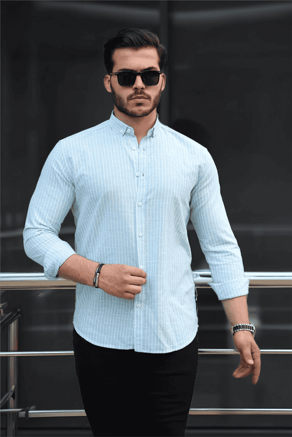 Carina Çizgili Pamuklu Uzun Kol Gömlek - Turkuaz