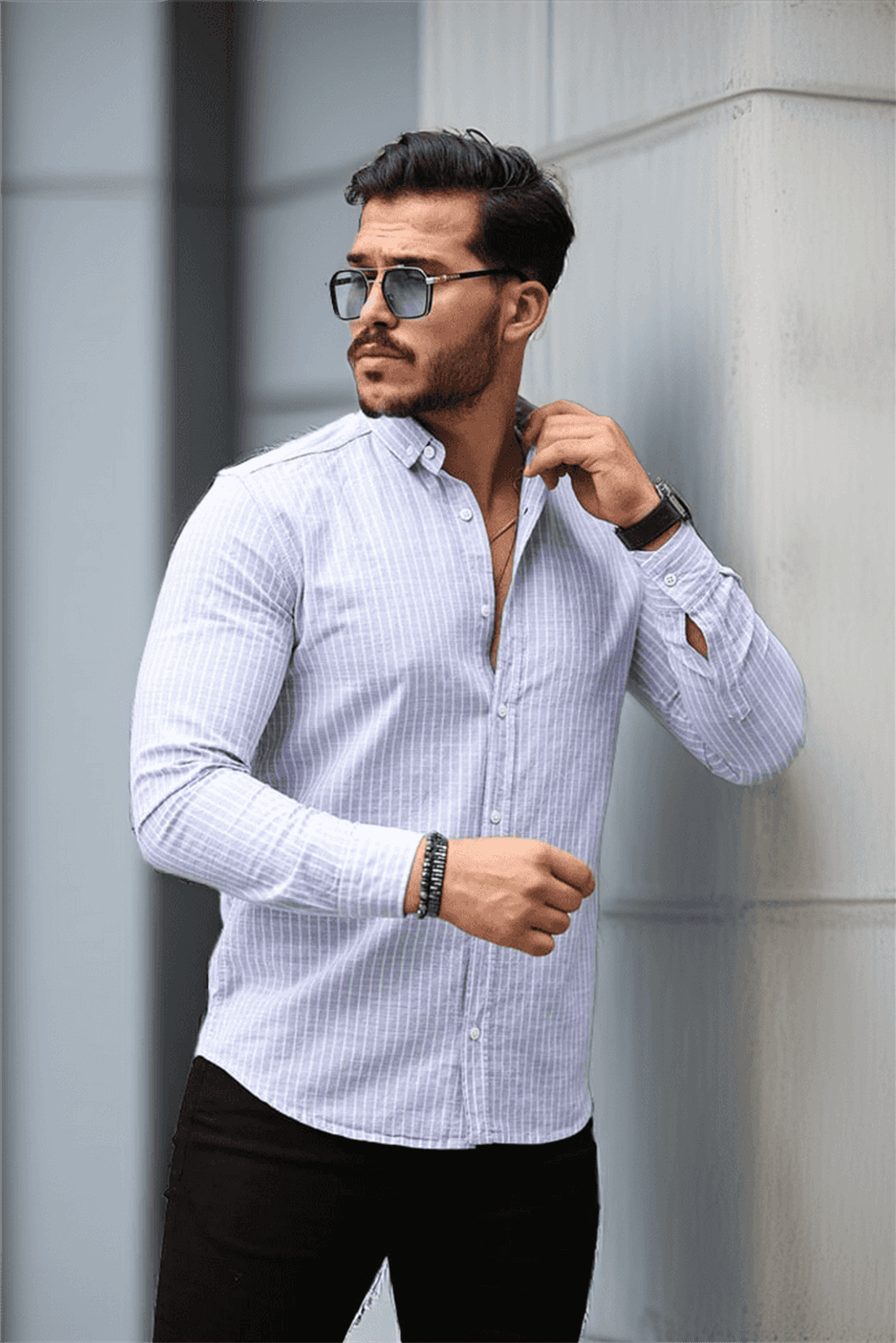 Carina Çizgili Pamuklu Uzun Kol Gömlek - Mavi