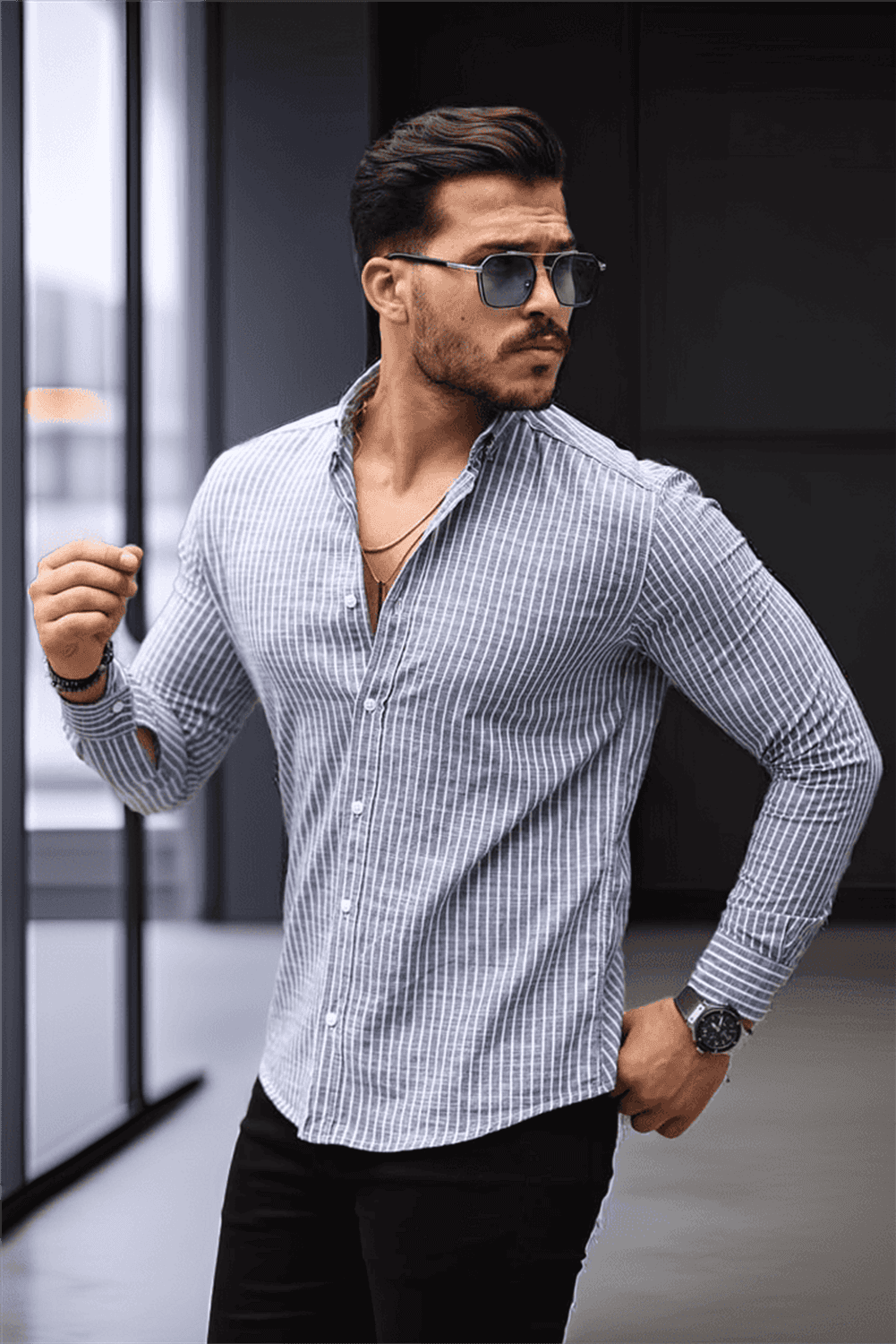 Carina Çizgili Pamuklu Uzun Kol Gömlek - Lacivert