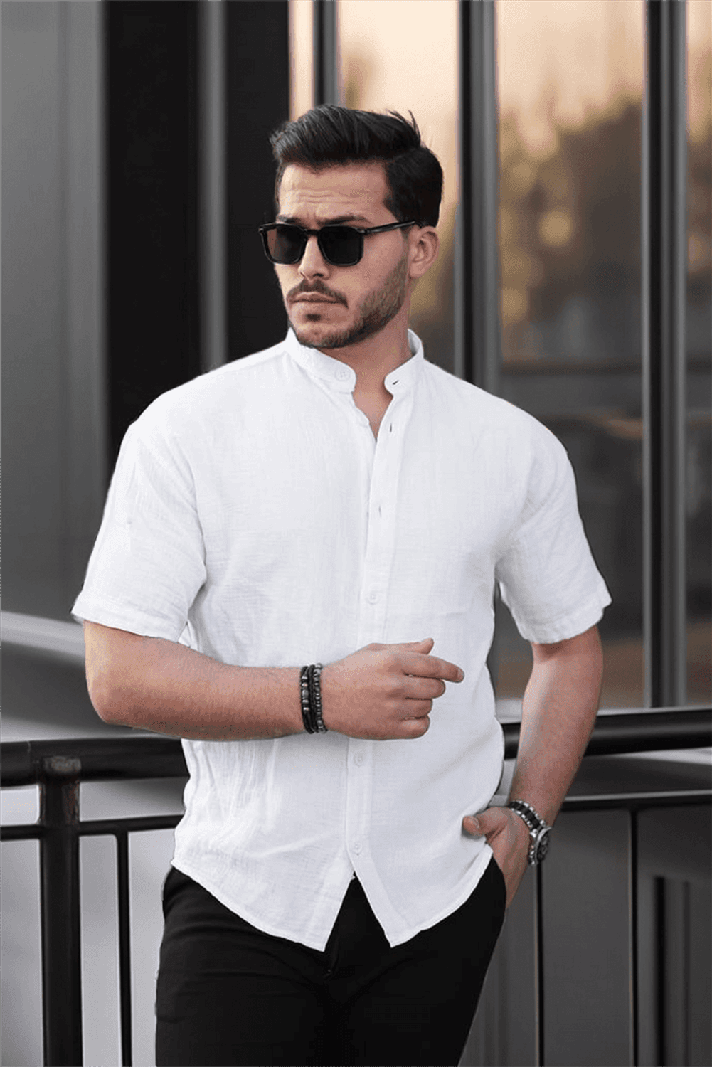 Hakim Yaka Müslin Kumaş Kısa Kol Gömlek - Beyaz