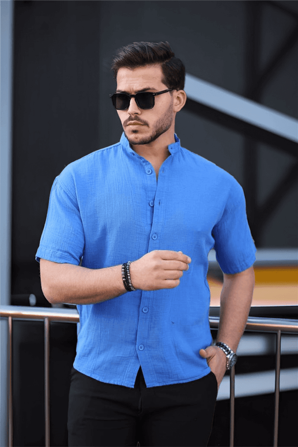 Hakim Yaka Müslin Kumaş Kısa Kol Gömlek - Parlement Mavi