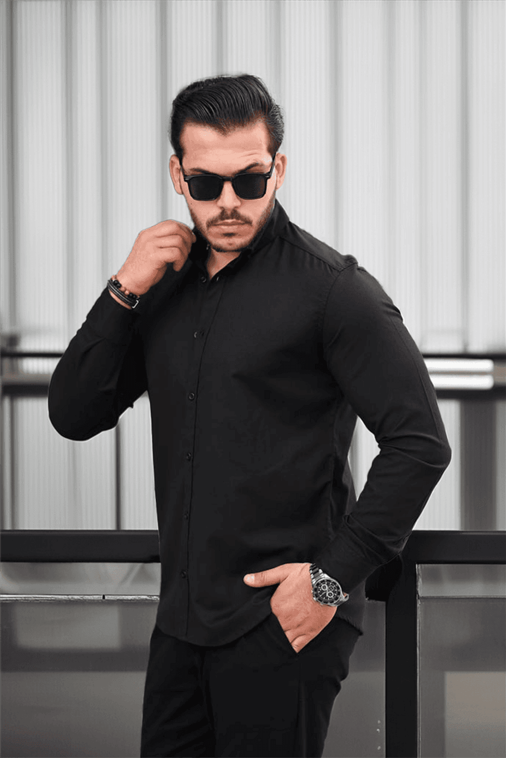 Oxford Kumaş Likralı Uzun Kol Gömlek - Siyah