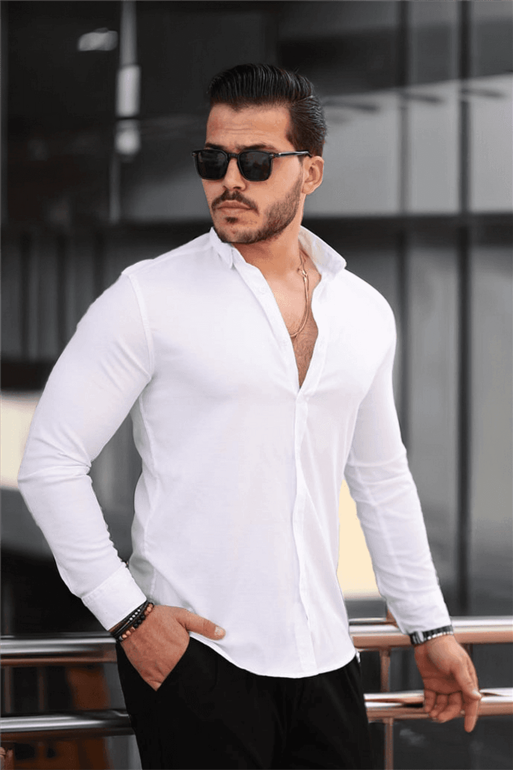 Oxford Kumaş Likralı Uzun Kol Gömlek - Beyaz