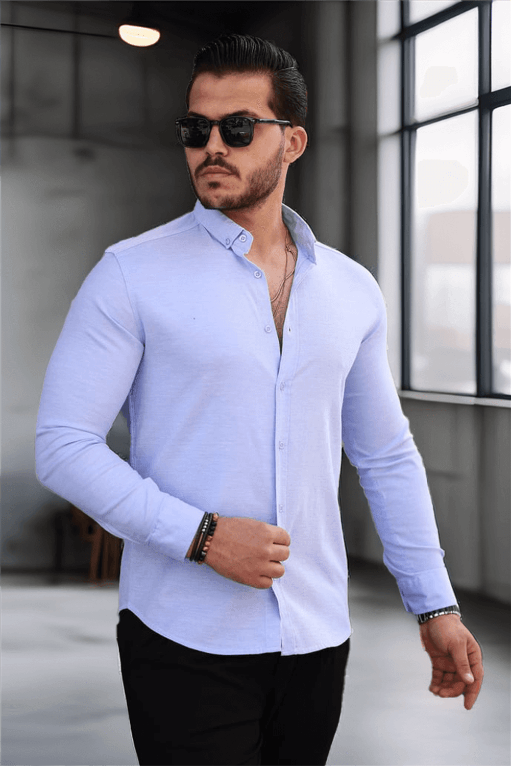 Oxford Kumaş Likralı Uzun Kol Gömlek - Açık Mavi