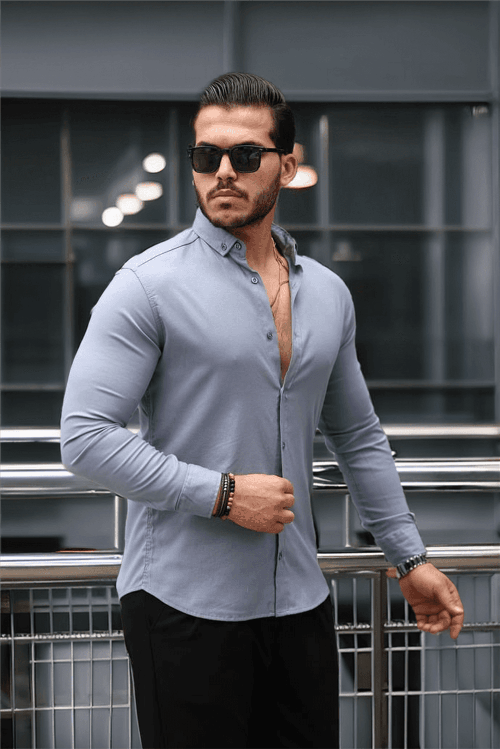 Oxford Kumaş Likralı Uzun Kol Gömlek - Füme