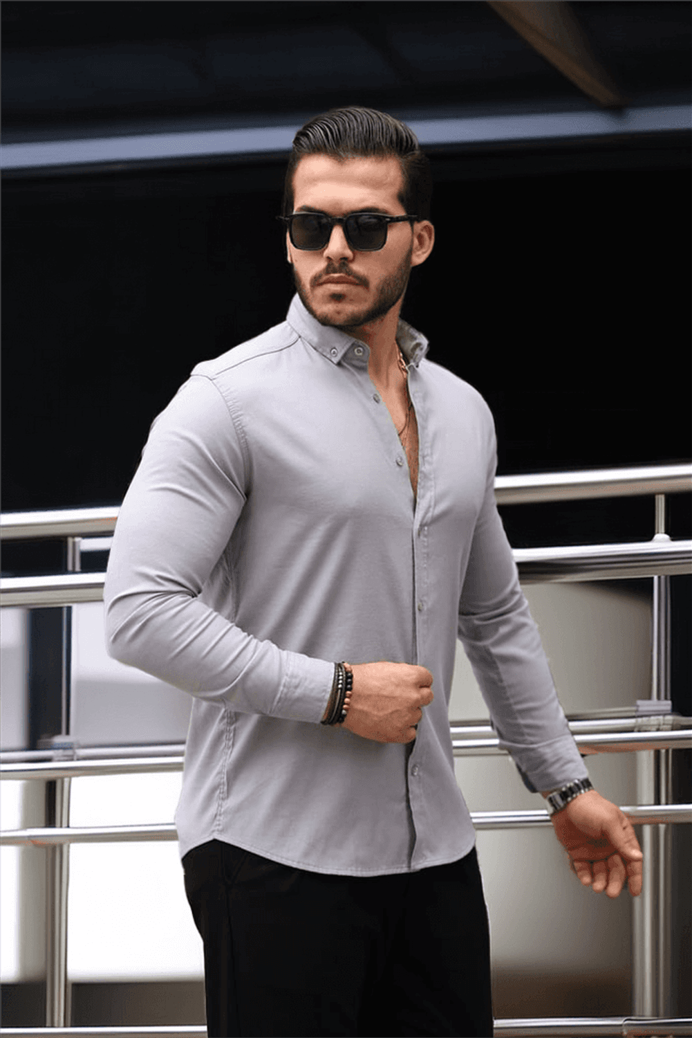 Oxford Kumaş Likralı Uzun Kol Gömlek -Taş