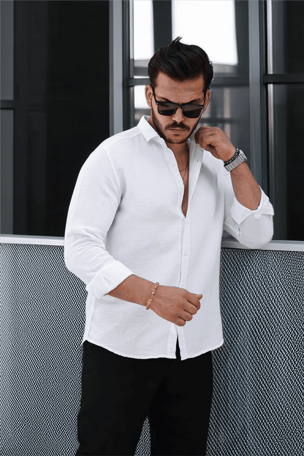 Müslin Kumaş Yakalı Uzun Kol Gömlek - Beyaz