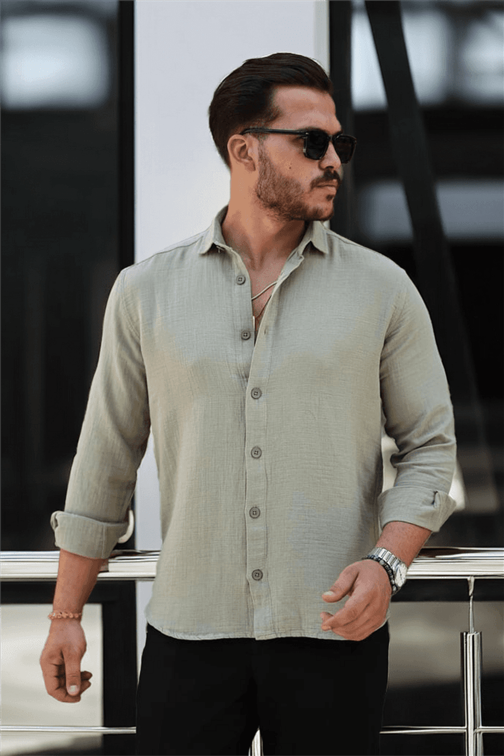 Сорочка з муслінової тканини з коміром, довгий рукав - світло-оливкова