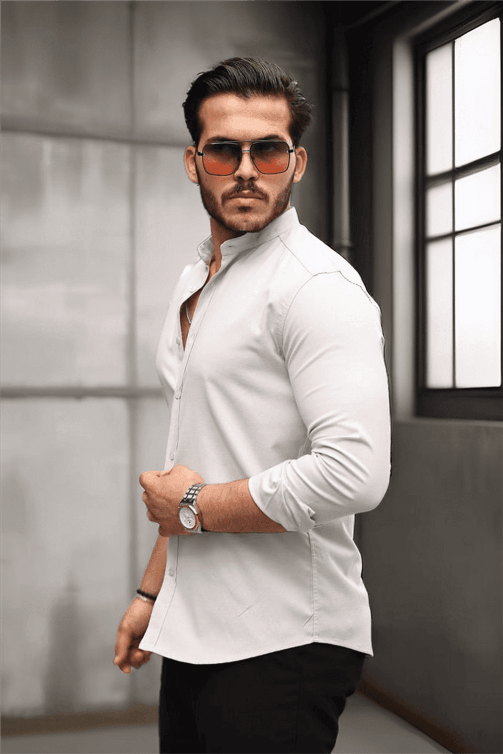 Hakim Yaka Oxford Kumaş Uzun Kol Gömlek - Taş