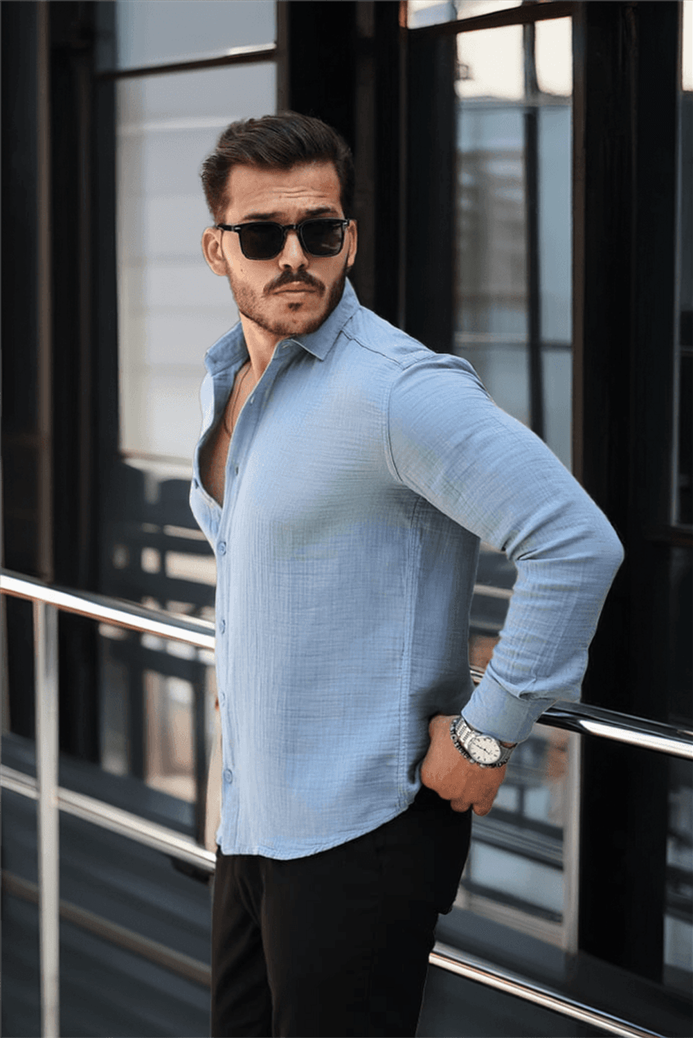 Müslin Kumaş Yakalı Uzun Kol Gömlek - Soğuk Mavi