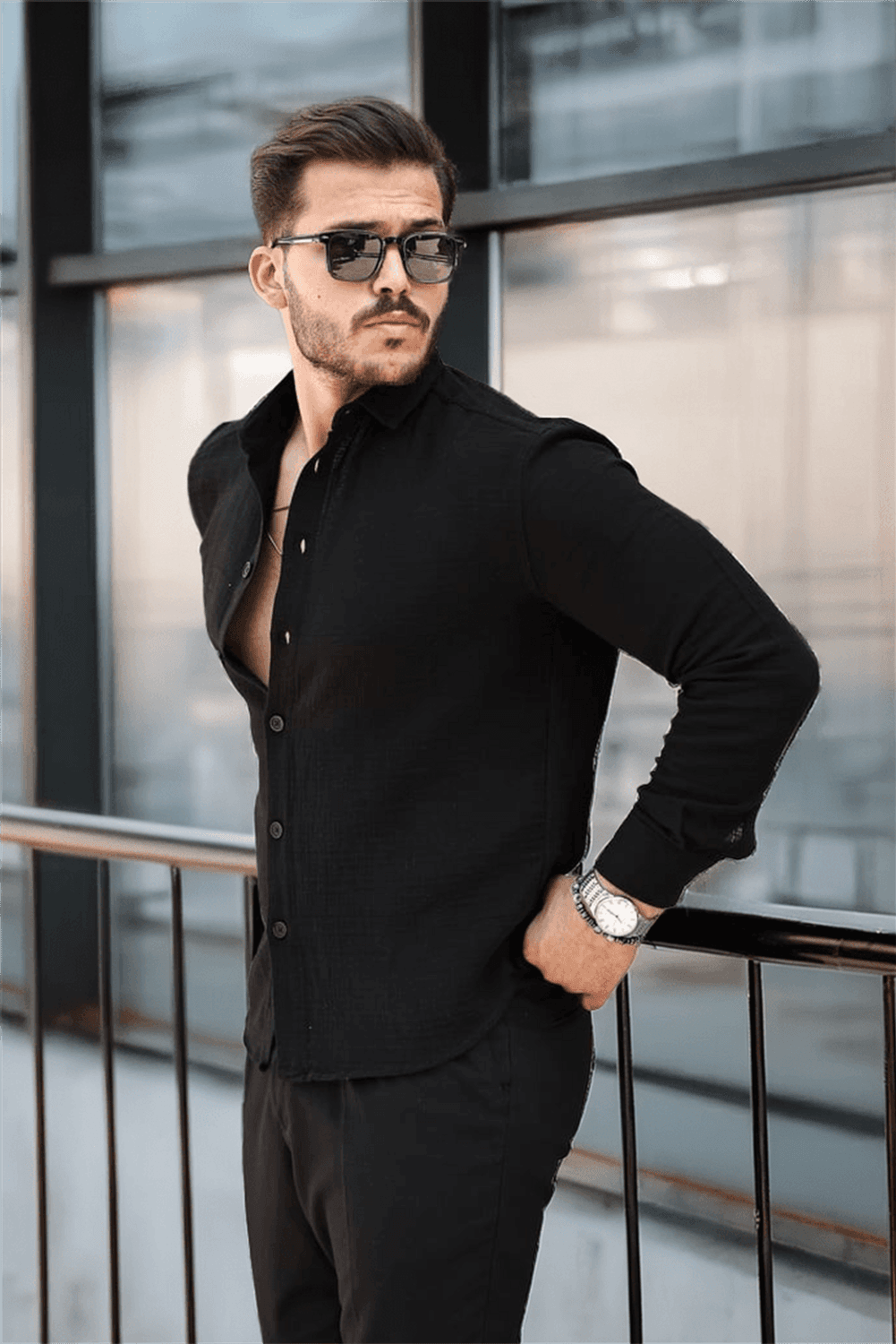 Müslin Kumaş Yakalı Uzun Kol Gömlek - Siyah