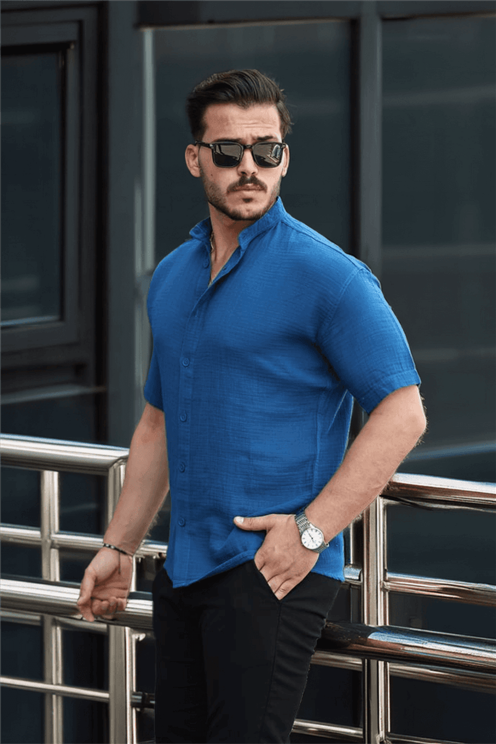 Hakim Yaka Müslin Kumaş Kısa Kol Gömlek - İndigo