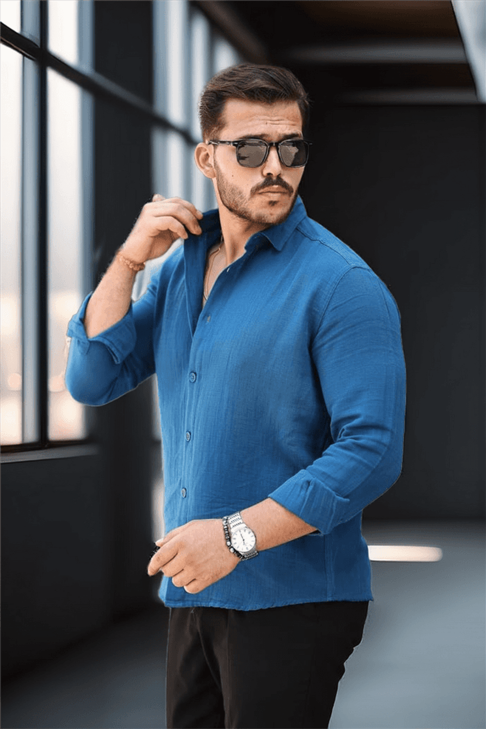 Müslin Kumaş Yakalı Uzun Kol Gömlek - İndigo