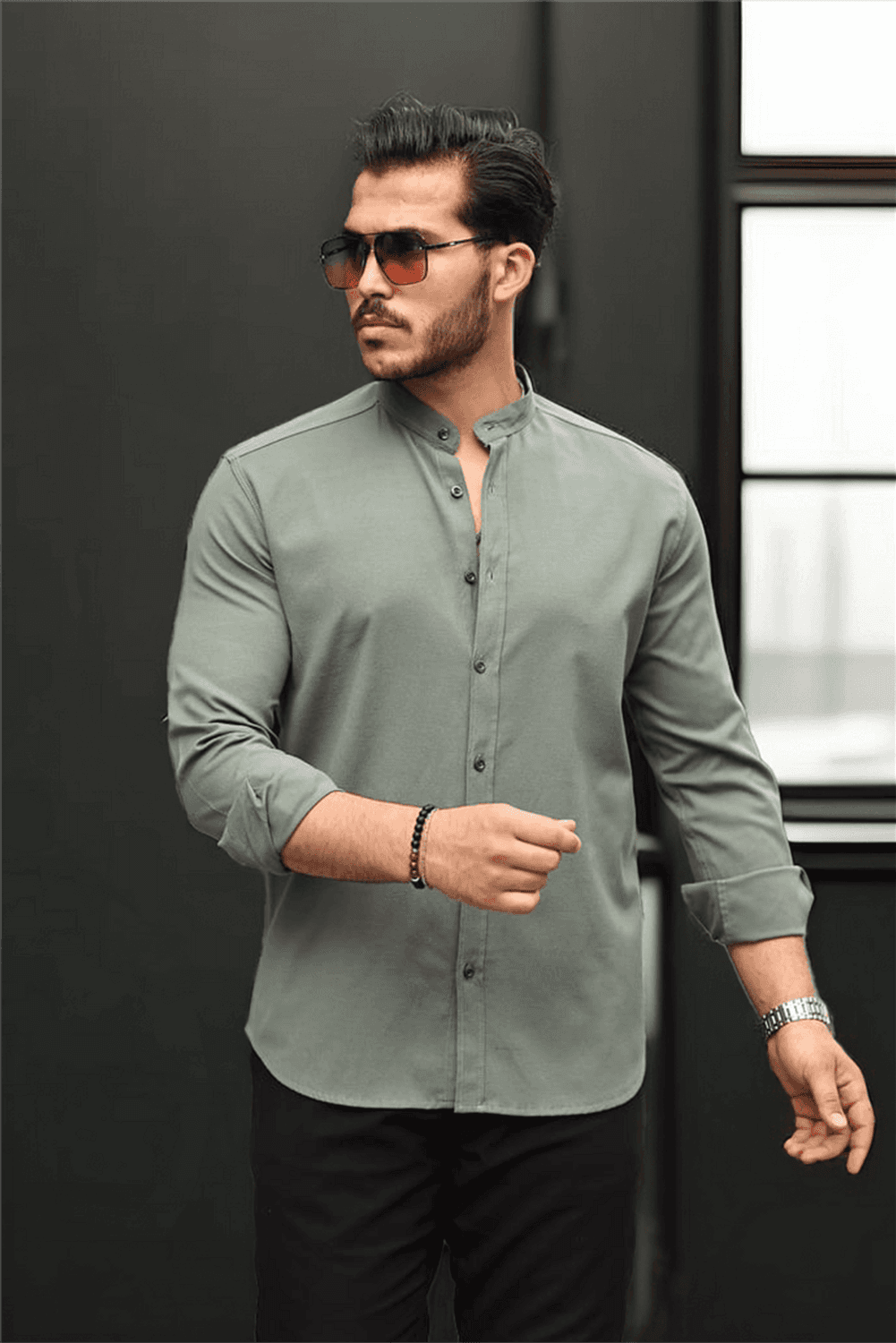 Hakim Yaka Oxford Kumaş Uzun Kol Gömlek - Haki