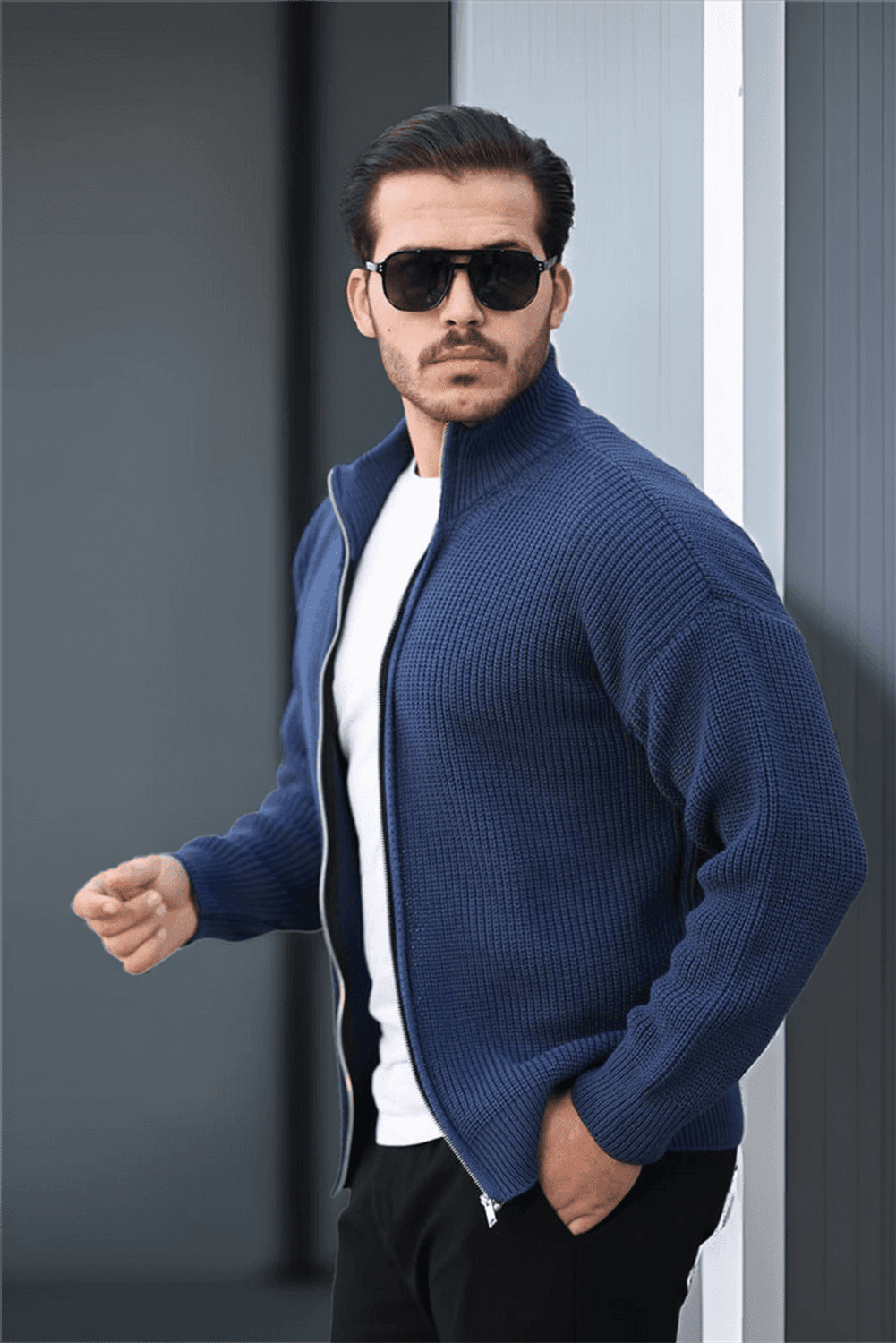 Oversize Selanik Örme Fermuarlı Erkek Hırka- İndigo