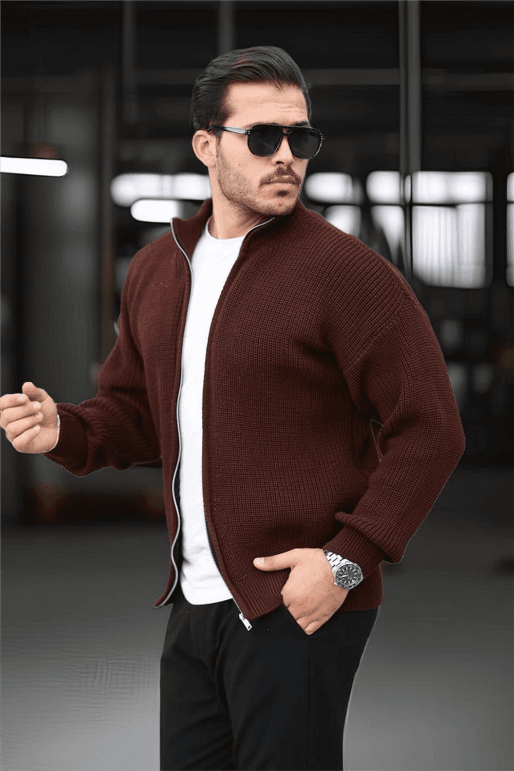 Oversize Selanik Örme Fermuarlı Erkek Hırka- Kahve