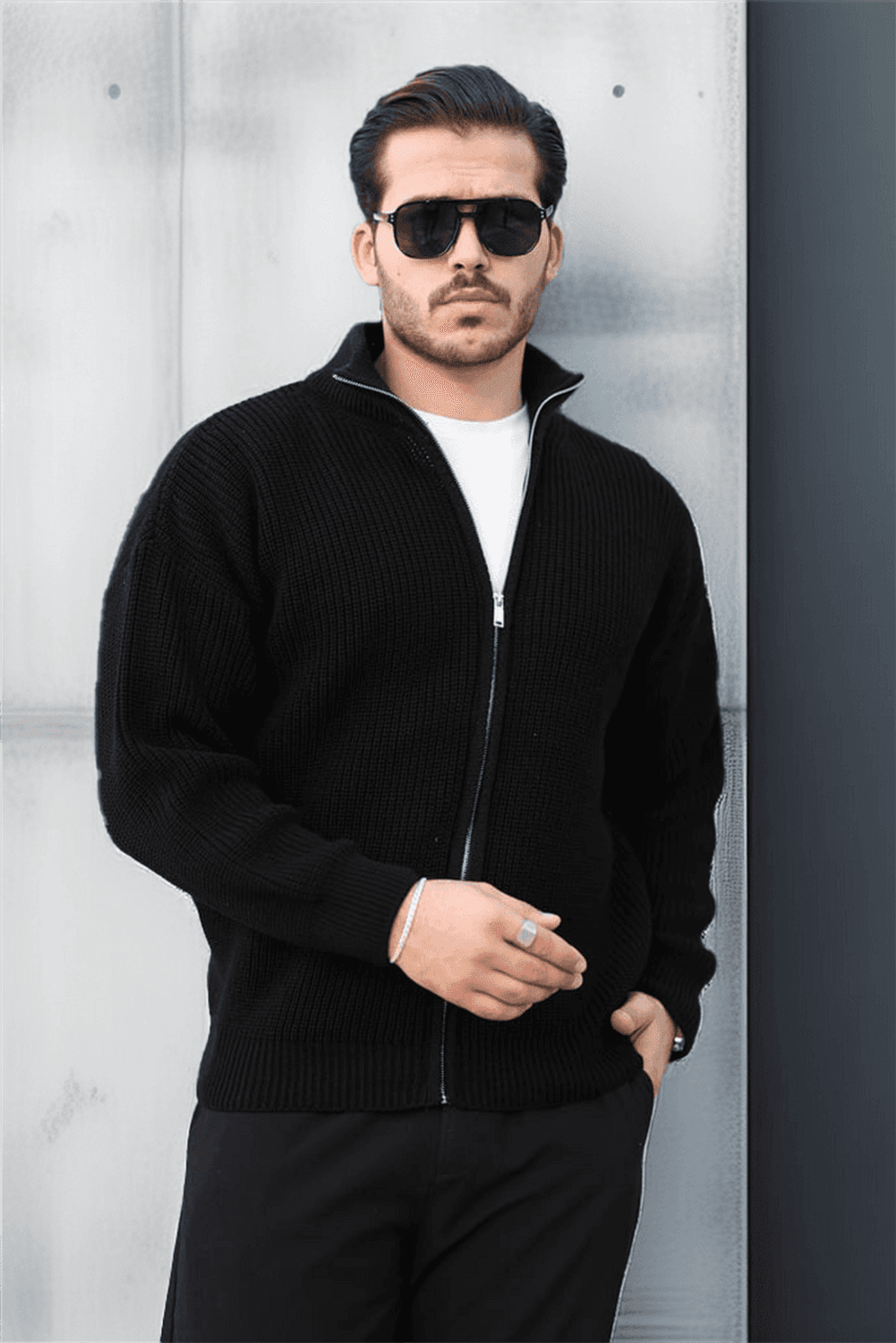 Oversize Selanik Örme Fermuarlı Erkek Hırka- Siyah