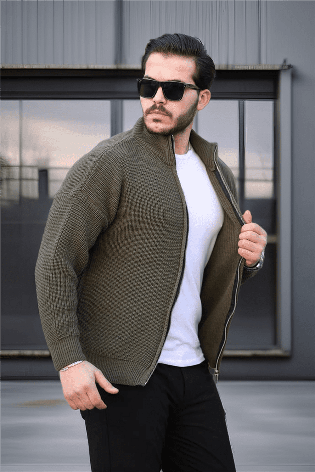 Oversize Selanik Örme Fermuarlı Erkek Hırka- Haki