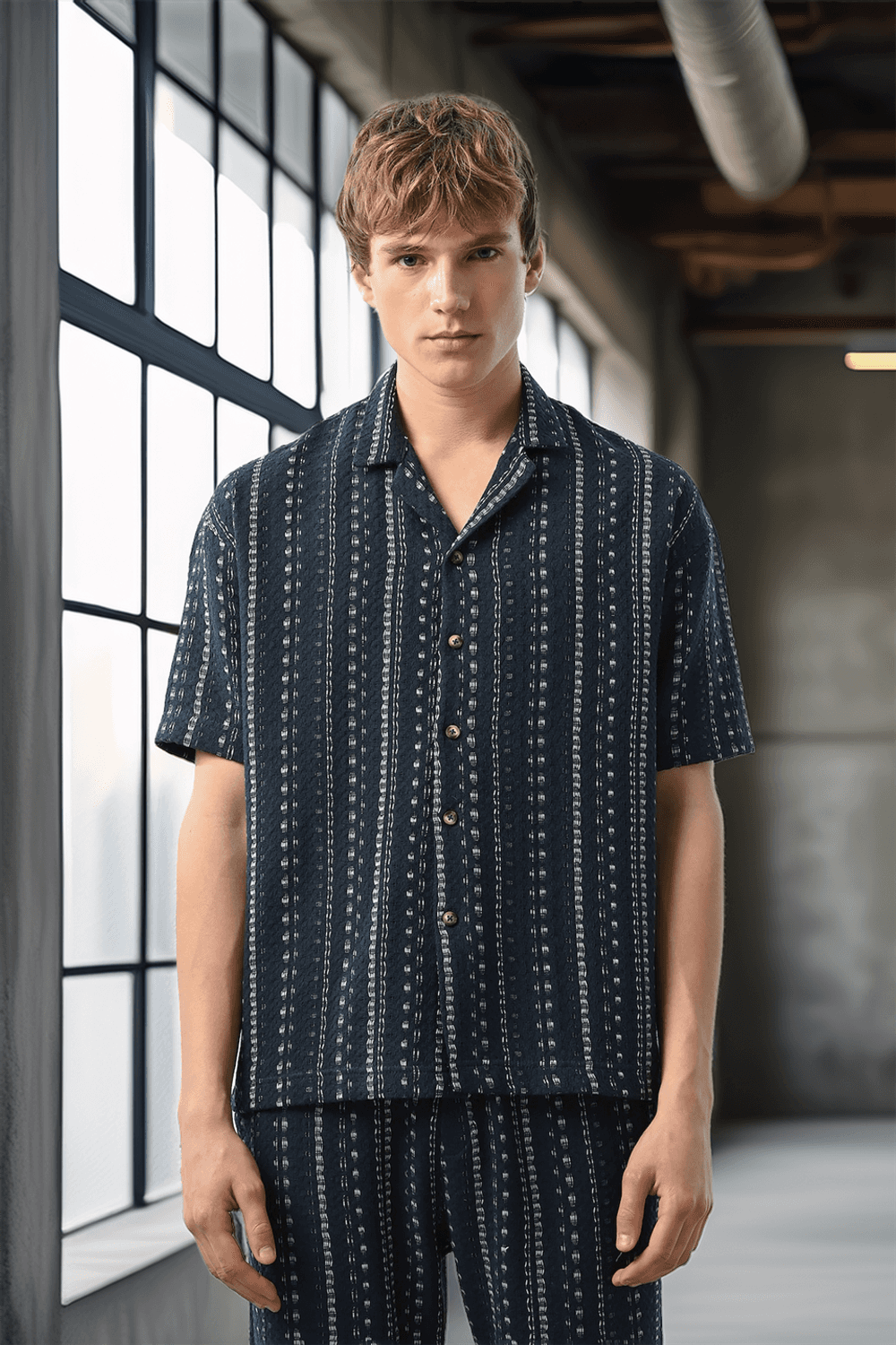 Bohem Çizgili Örme Kumaş Erkek Gömlek - Petrol