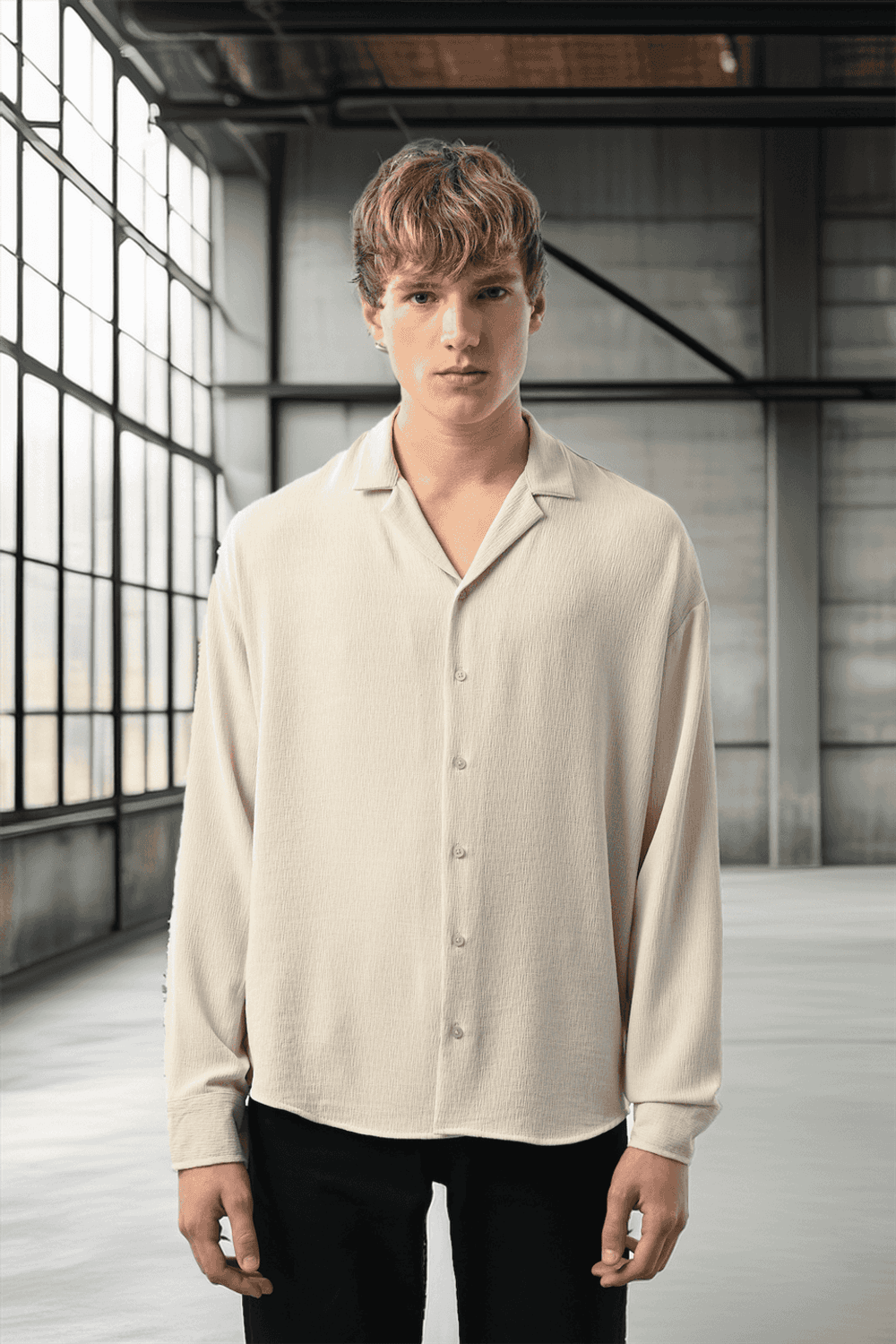 Apaş Yaka Uzun Kol Dokulu Erkek Gömlek - Taş