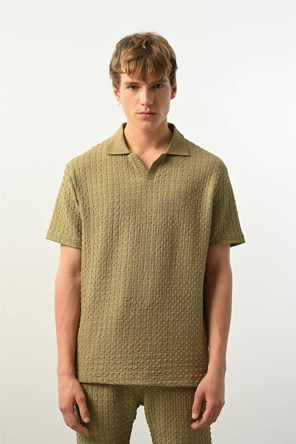 Premium Gölge Dokulu Polo Yaka Erkek T-Shirt - Çağla