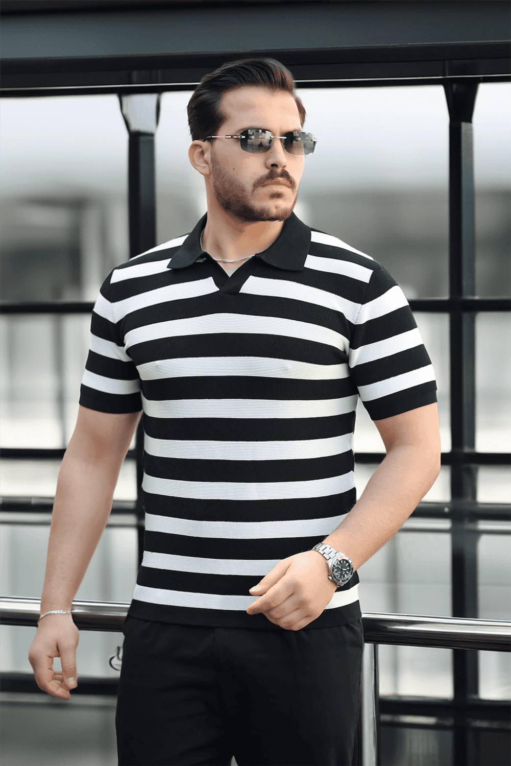 Premium Yan Çizgili Viskon Polo Yaka Triko Erkek T-Shirt - Siyah