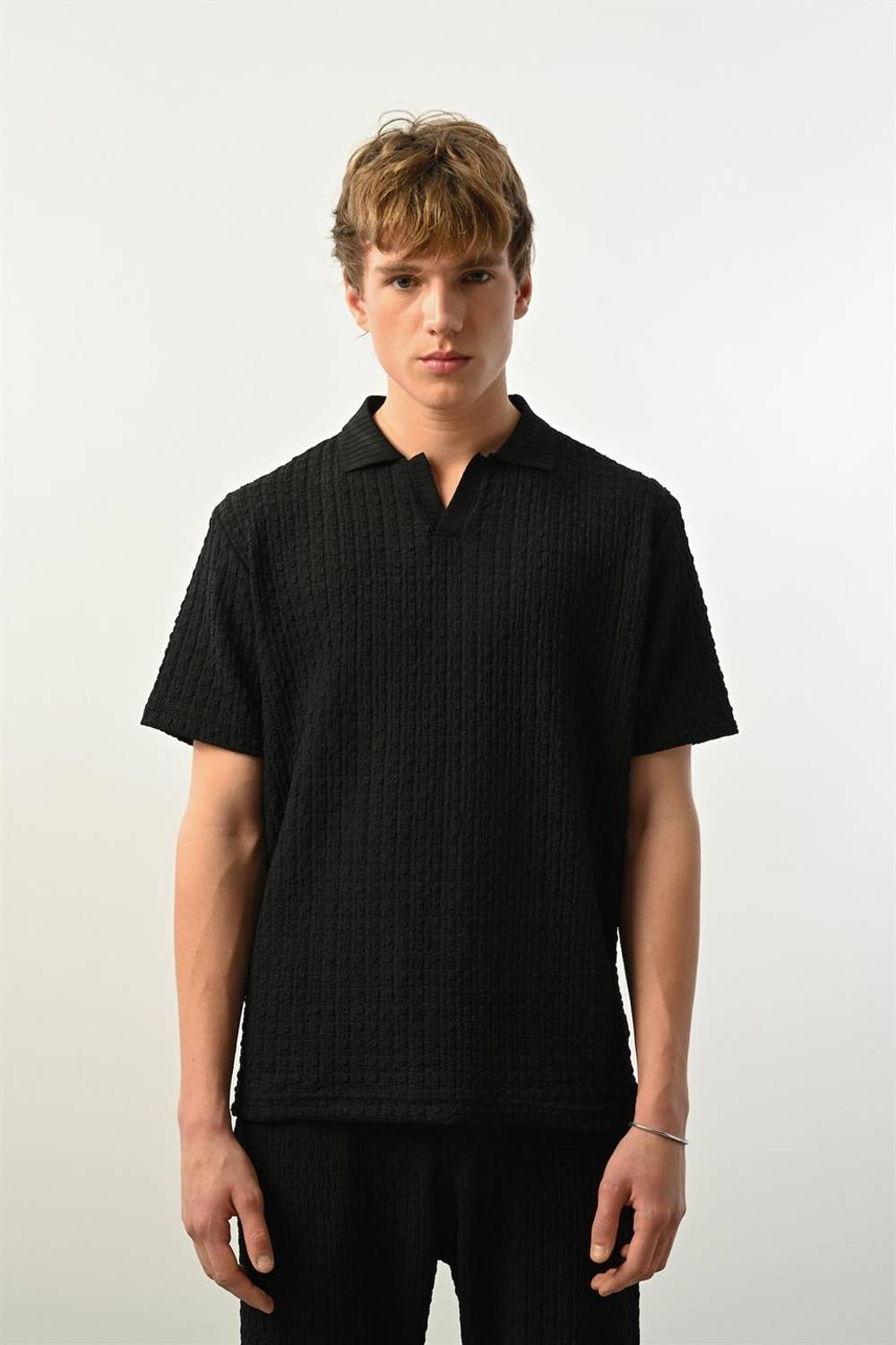 Premium Gölge Dokulu Polo Yaka Erkek T-Shirt - Siyah