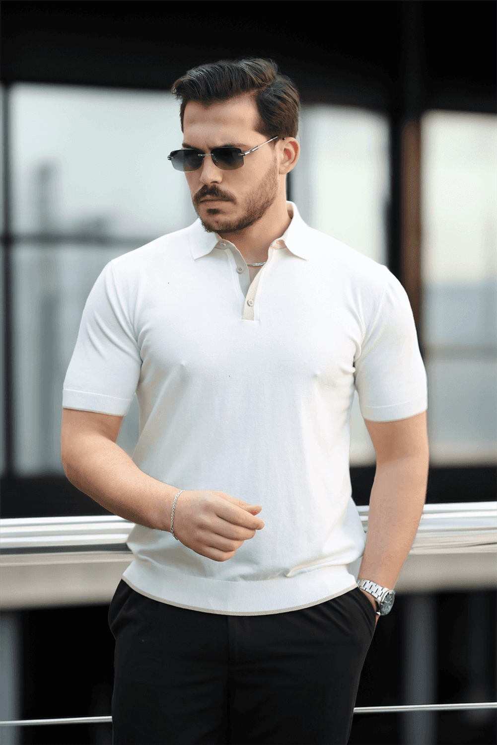 Premium Şerit Detaylı Viskon Polo Yaka Triko Erkek T-Shirt - Ekru