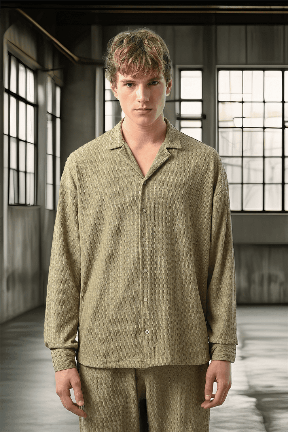 Apaş Yaka Uzun Kol Gölge Dokulu Gömlek - Çağla