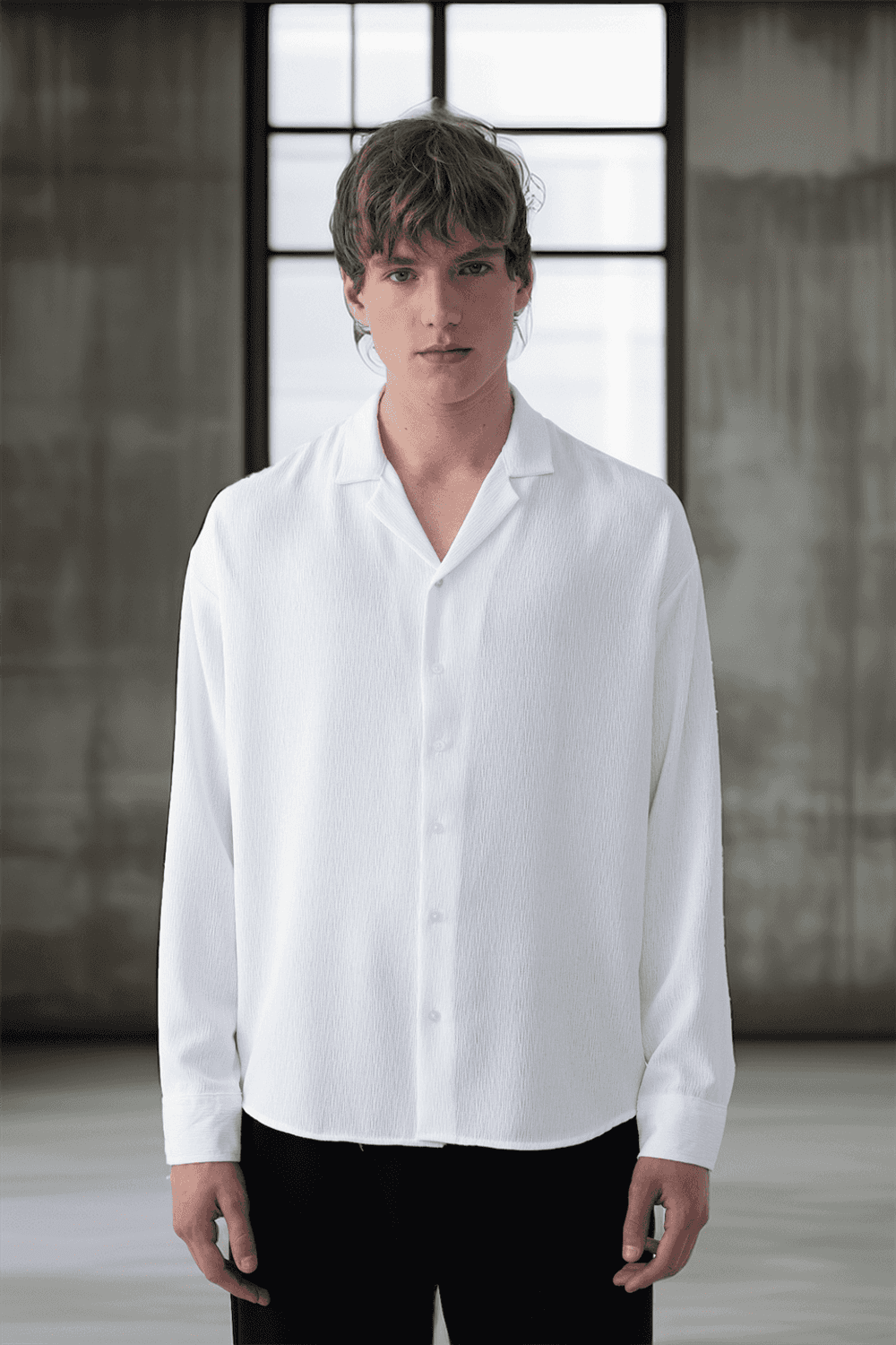 Apaş Yaka Uzun Kol Dokulu Erkek Gömlek - Ekru