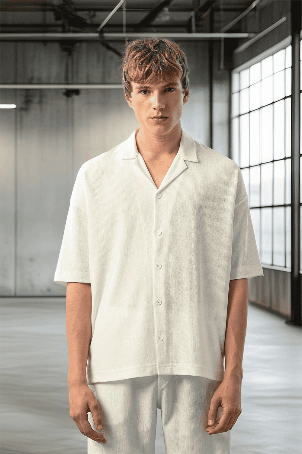 Apaş Yaka Kısa Kol Dokulu Erkek Gömlek - Ekru