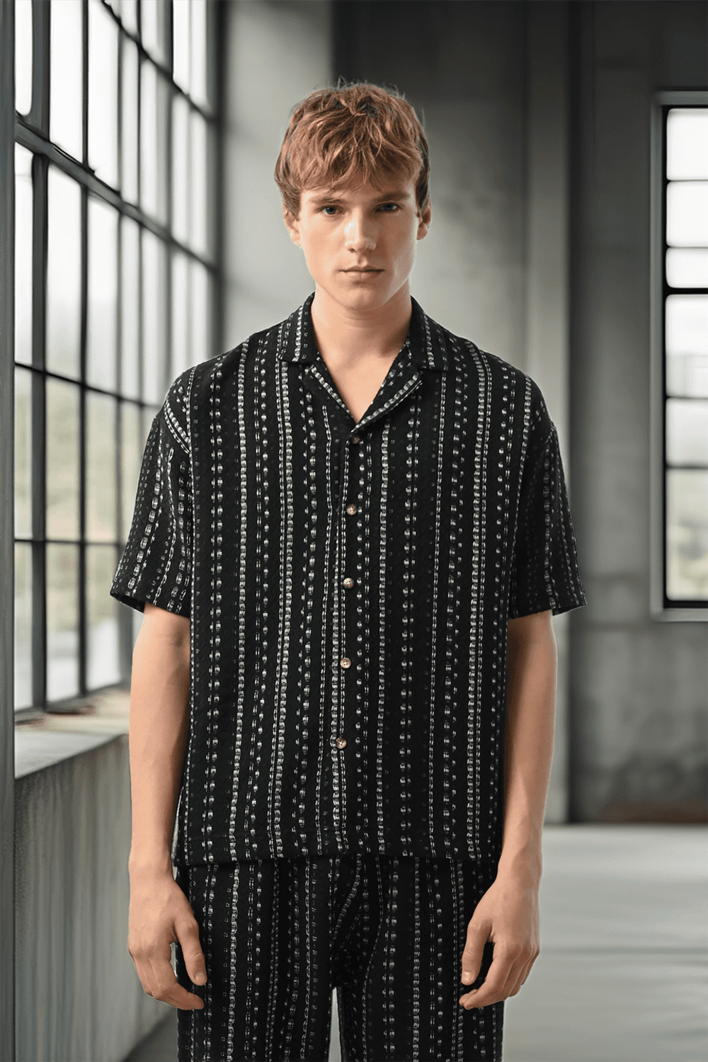 Bohem Çizgili Örme Kumaş Erkek Gömlek - Siyah