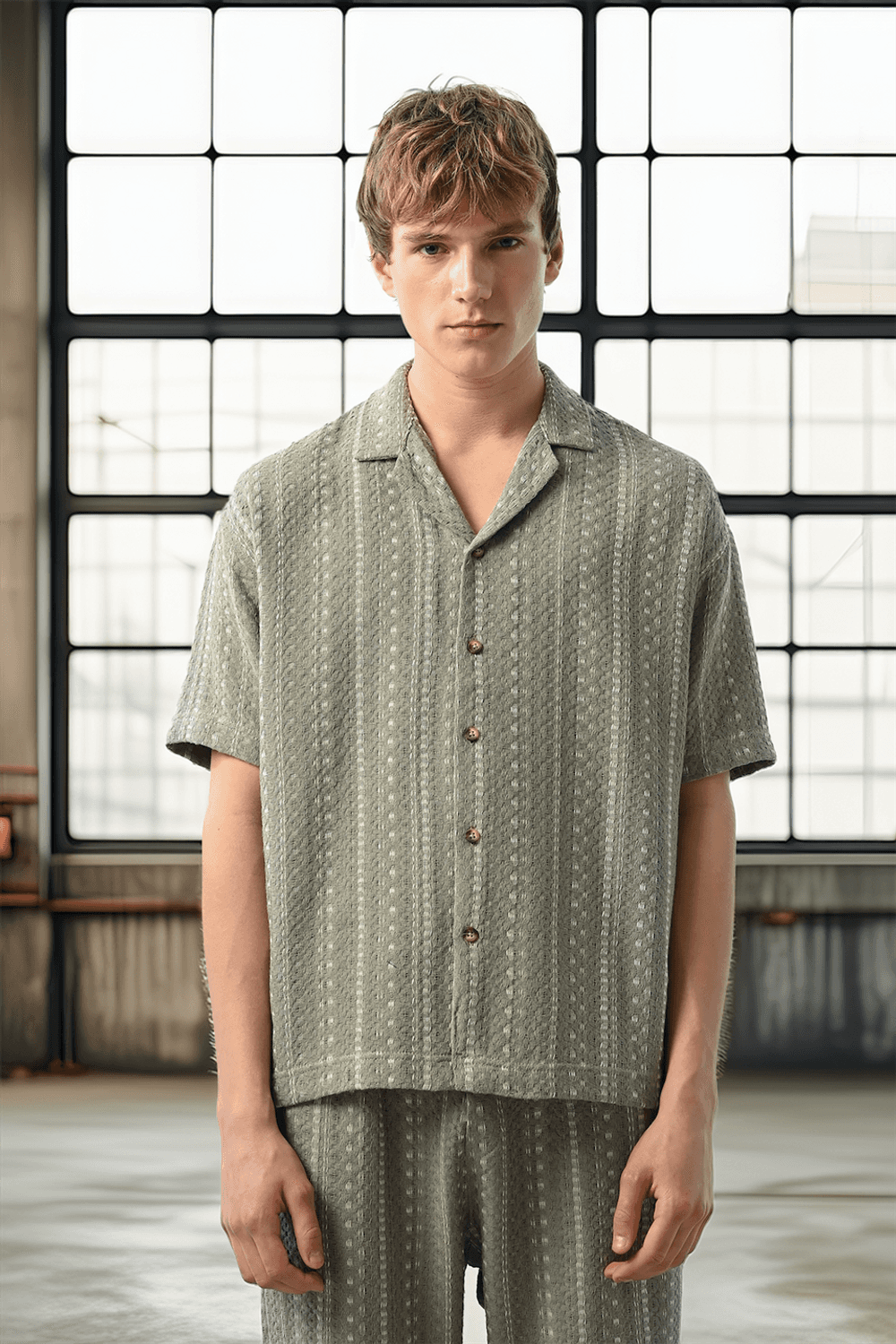 Bohem Çizgili Örme Kumaş Erkek Gömlek - Çağla