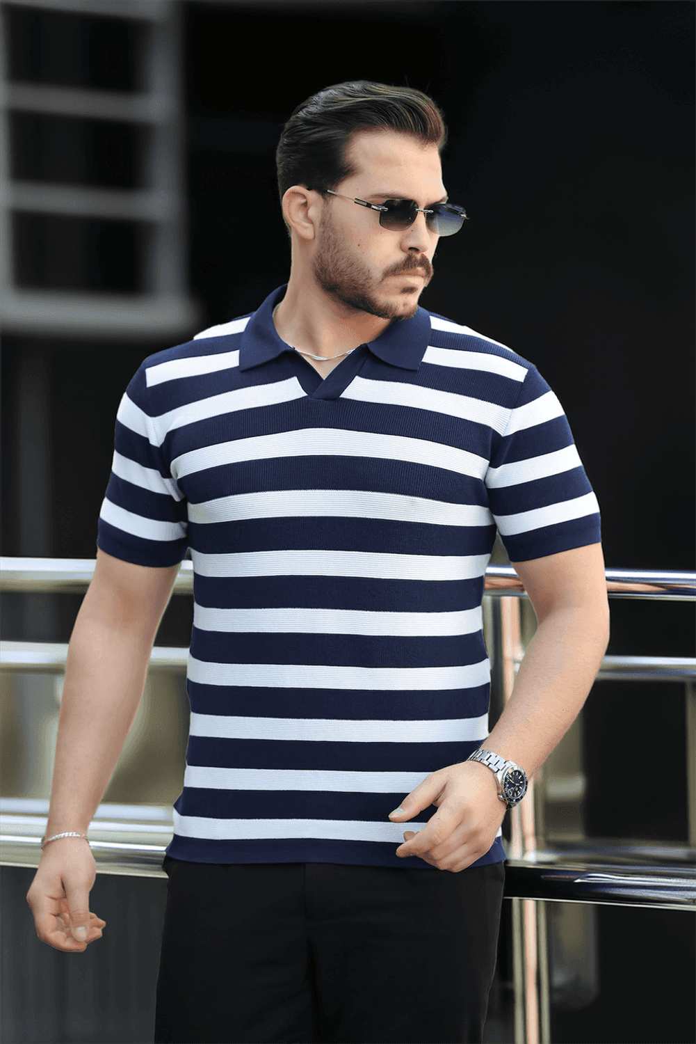 Premium Yan Çizgili Viskon Polo Yaka Triko Erkek T-Shirt - Lacivert