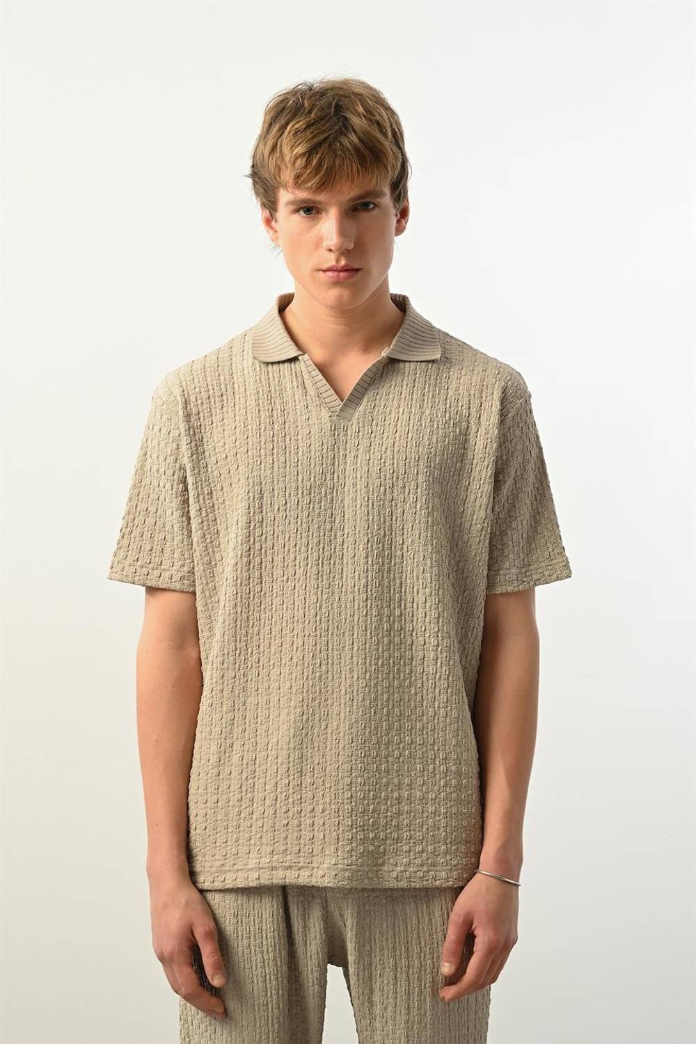 Premium Gölge Dokulu Polo Yaka Erkek T-Shirt - Bej