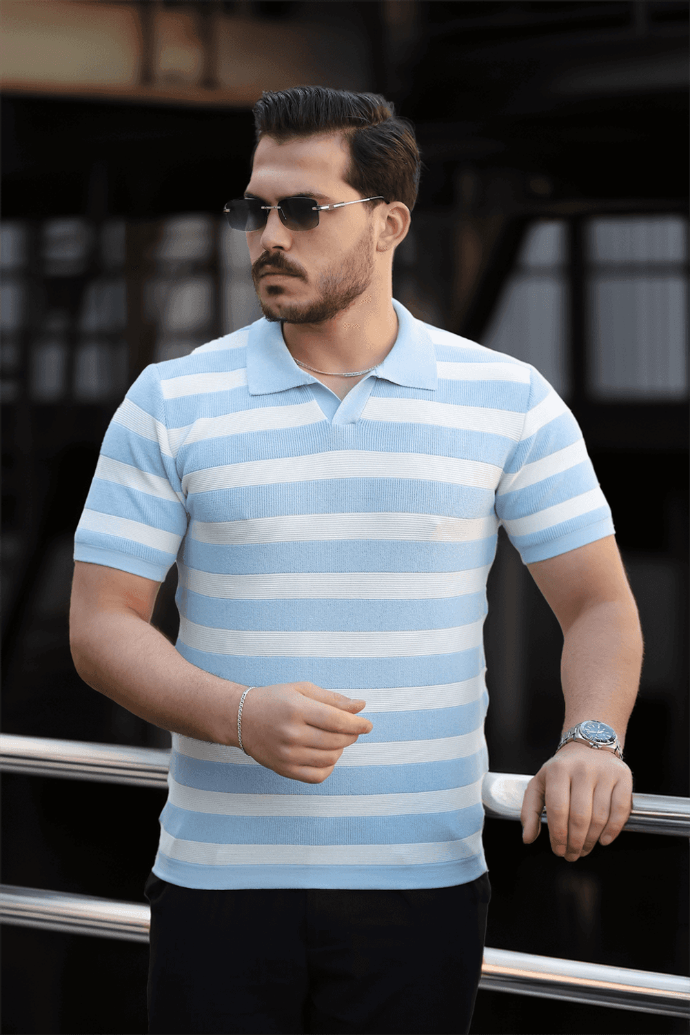 Premium Yan Çizgili Viskon Polo Yaka Triko Erkek T-Shirt - Mavi