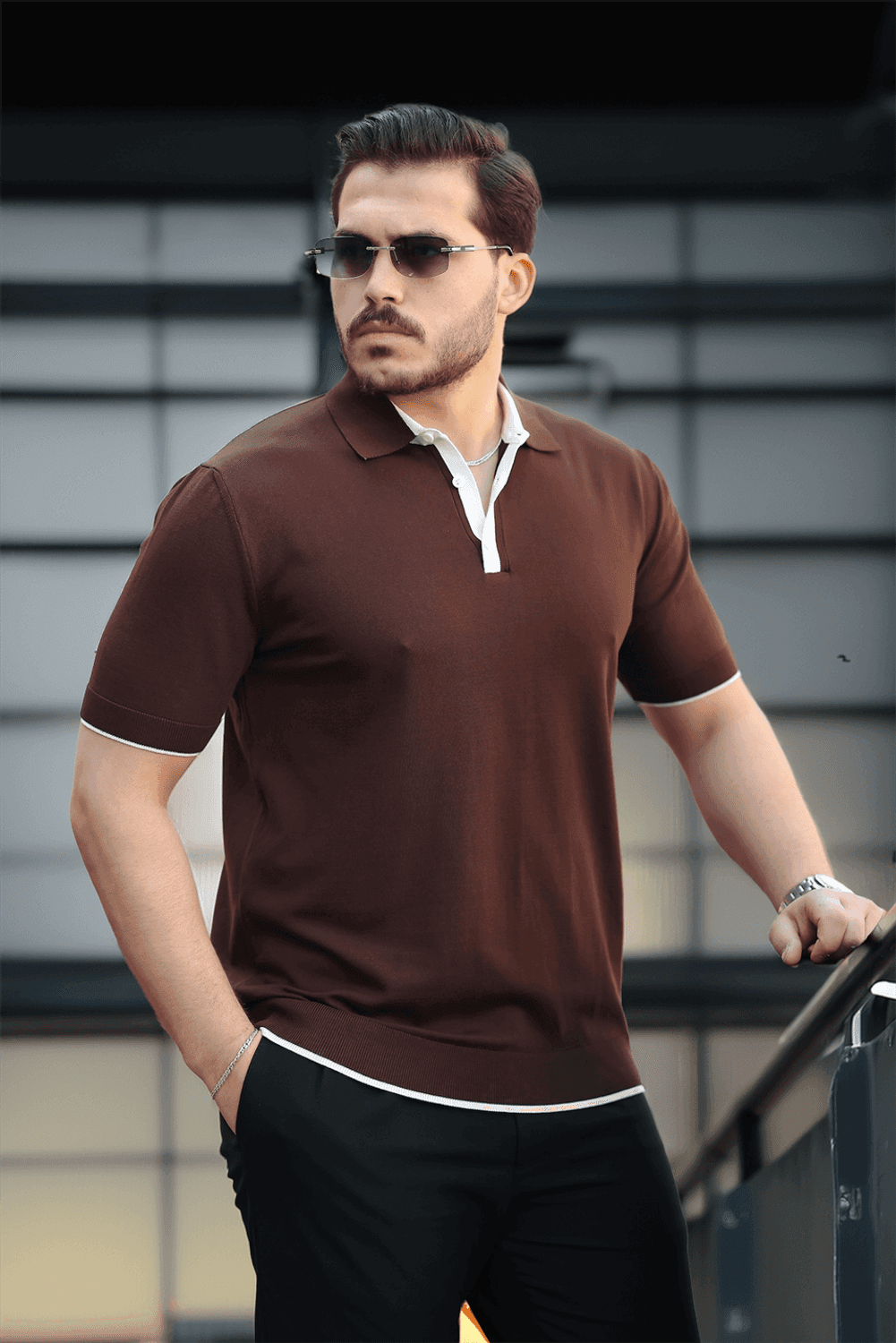 Premium Şerit Detaylı Viskon Polo Yaka Triko Erkek T-Shirt - Kahve