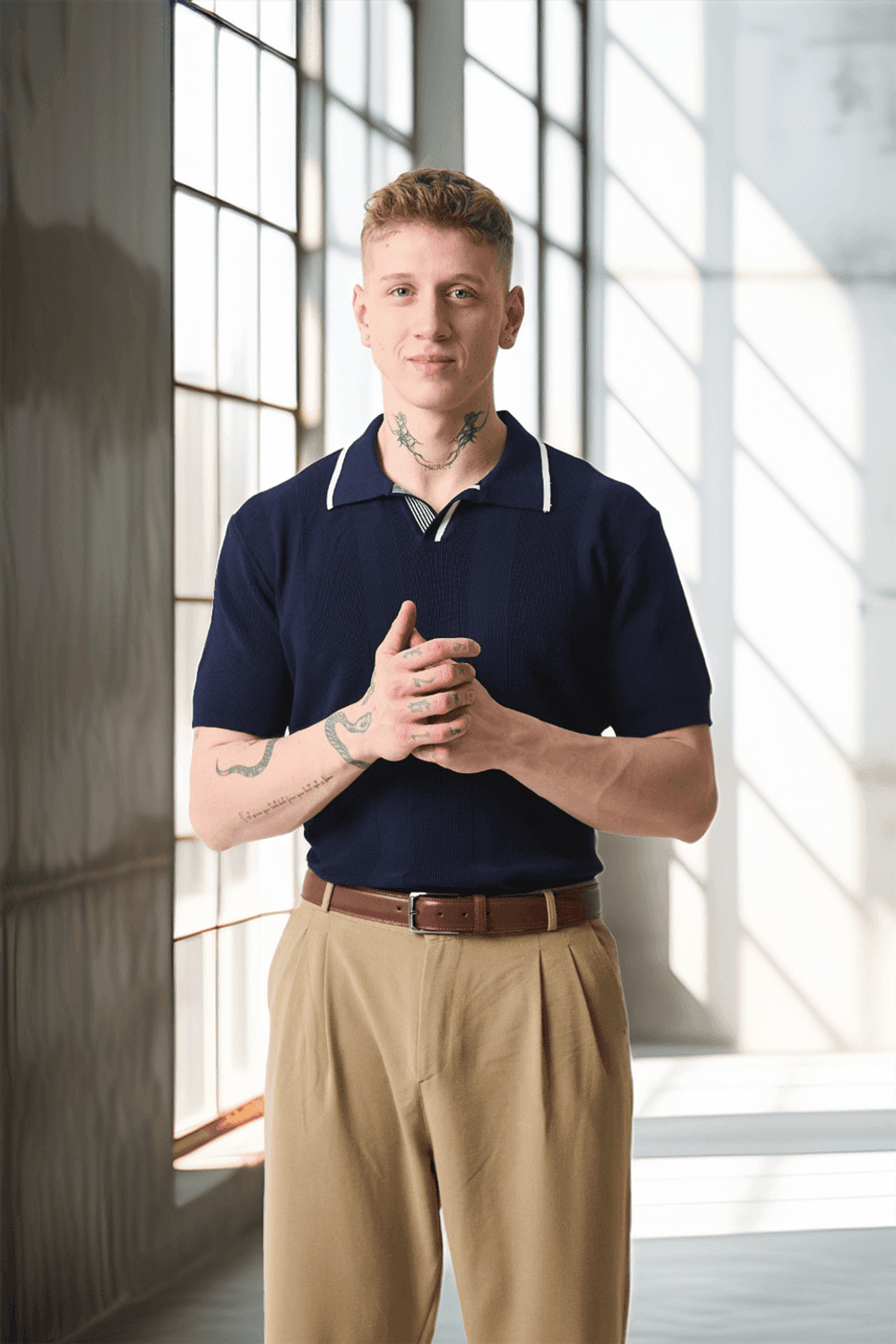 Yakası Şeritli Viskon Polo Yaka Triko Erkek T-Shirt - Lacivert