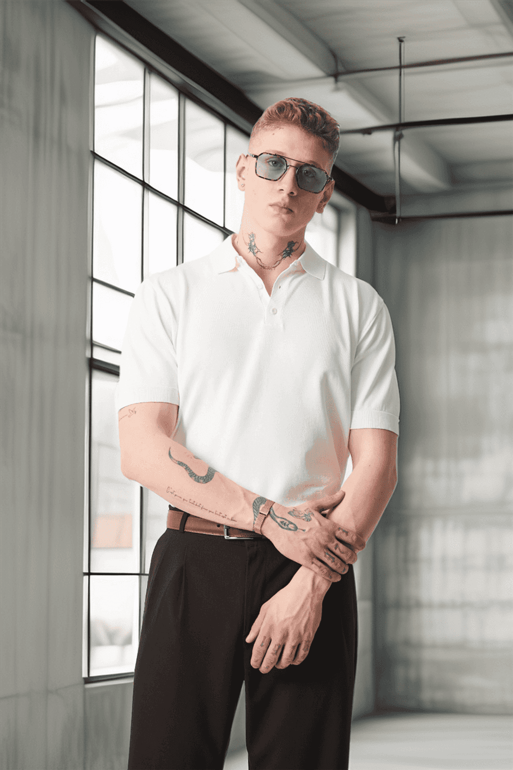 Polo Yaka Basic Düğmeli Triko Erkek T-Shirt - Ekru