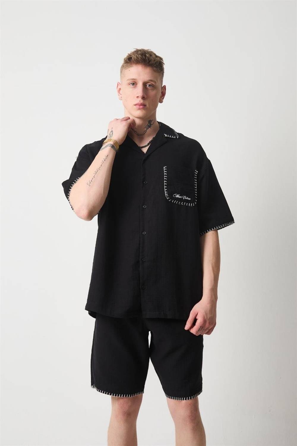 Nakış Detaylı Müslin Kumaş Erkek Takım Şort - Siyah