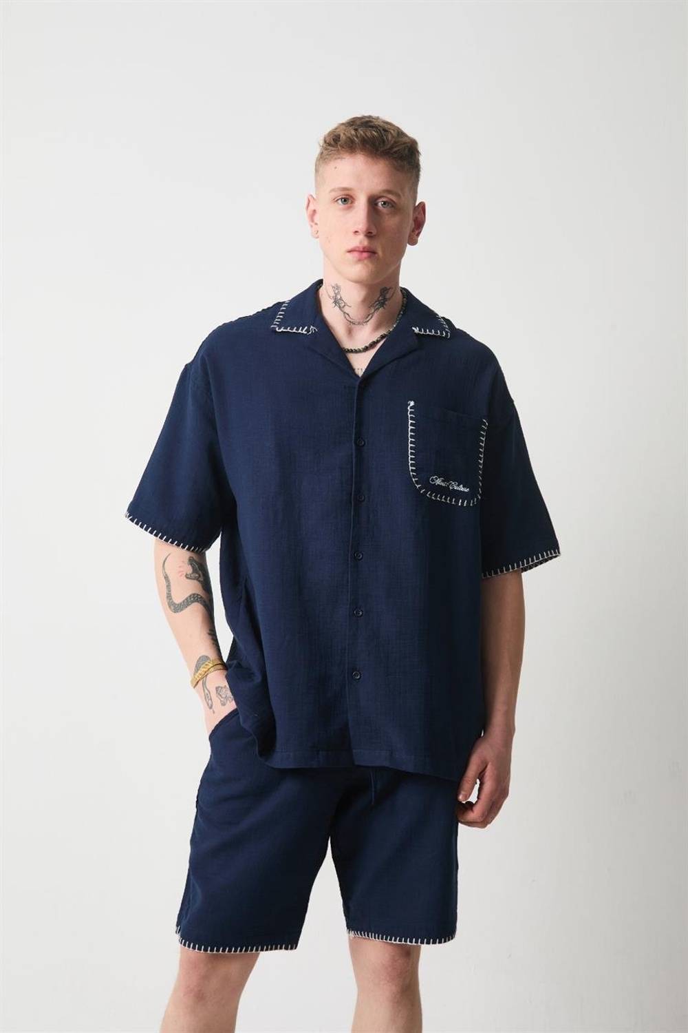 Nakış Detaylı Müslin Kumaş Erkek Takım Şort - Lacivert