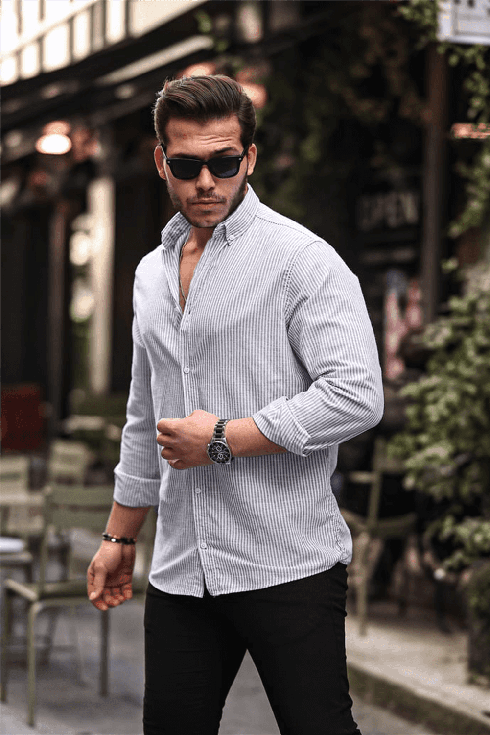 Dik Şerit Çizgili Flam Keten Gömlek - Siyah