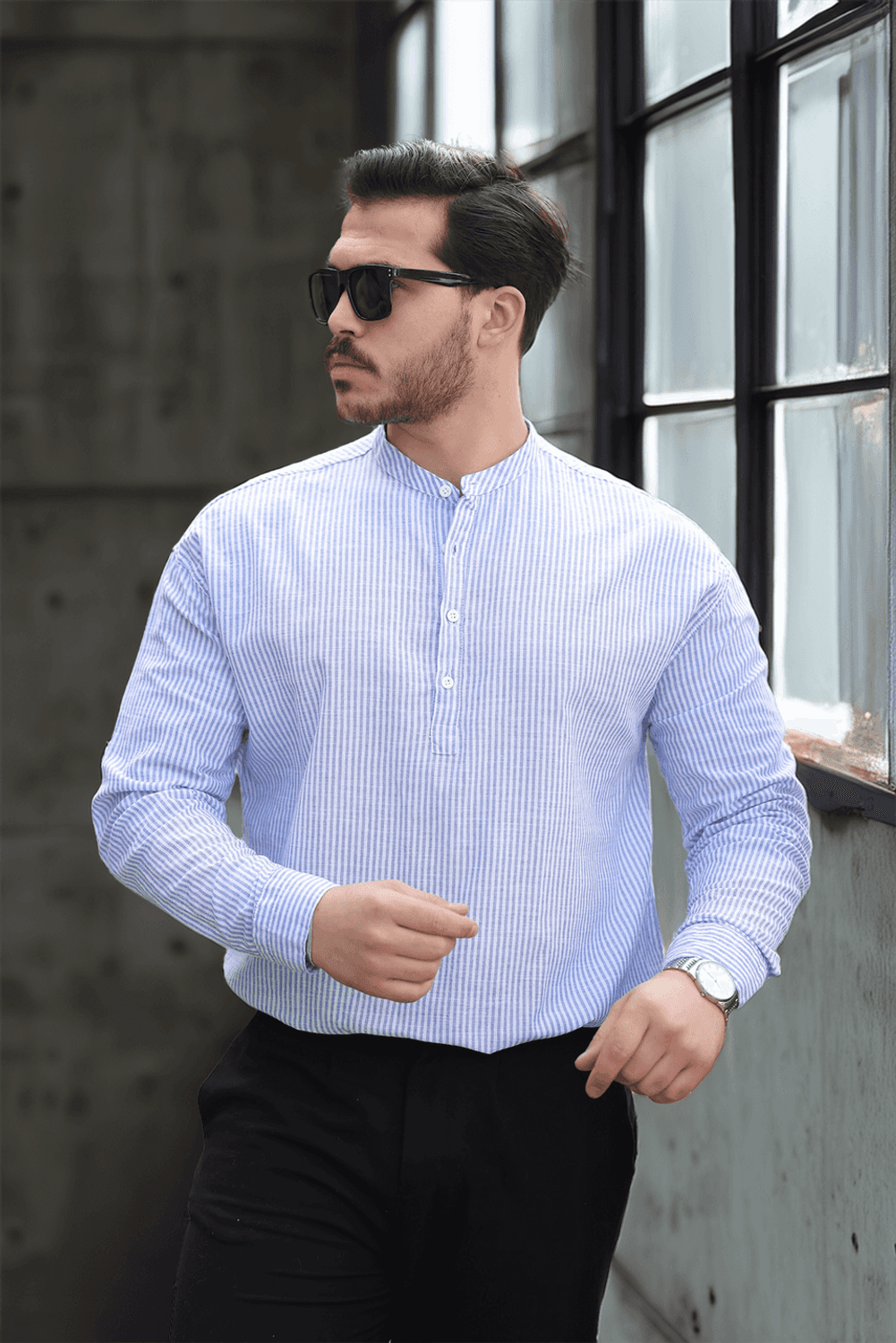 Yarım Pat Dik Şeritli Flam Keten Erkek Gömlek - Mavi