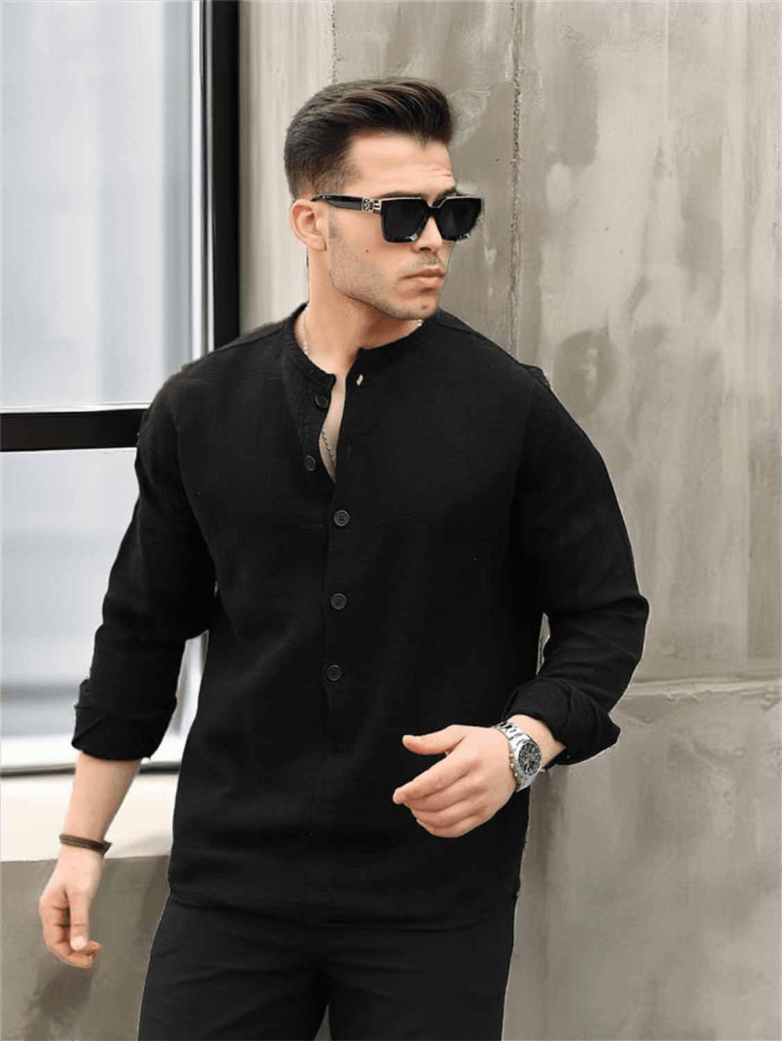 Yarım Pat Hakim Yaka Oversize Müslin Kumaş Gömlek - Siyah