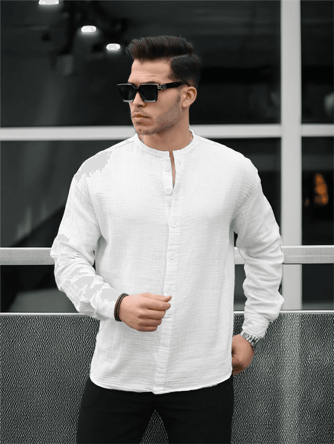 Yarım Pat Hakim Yaka Oversize Müslin Kumaş Gömlek - Beyaz