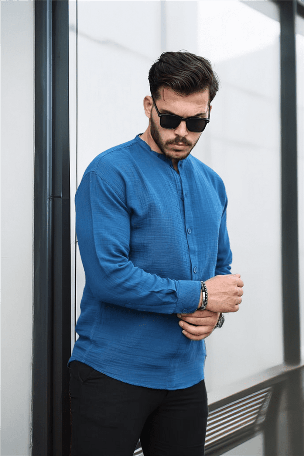 Yarım Pat Hakim Yaka Oversize Müslin Kumaş Gömlek -İndigo 