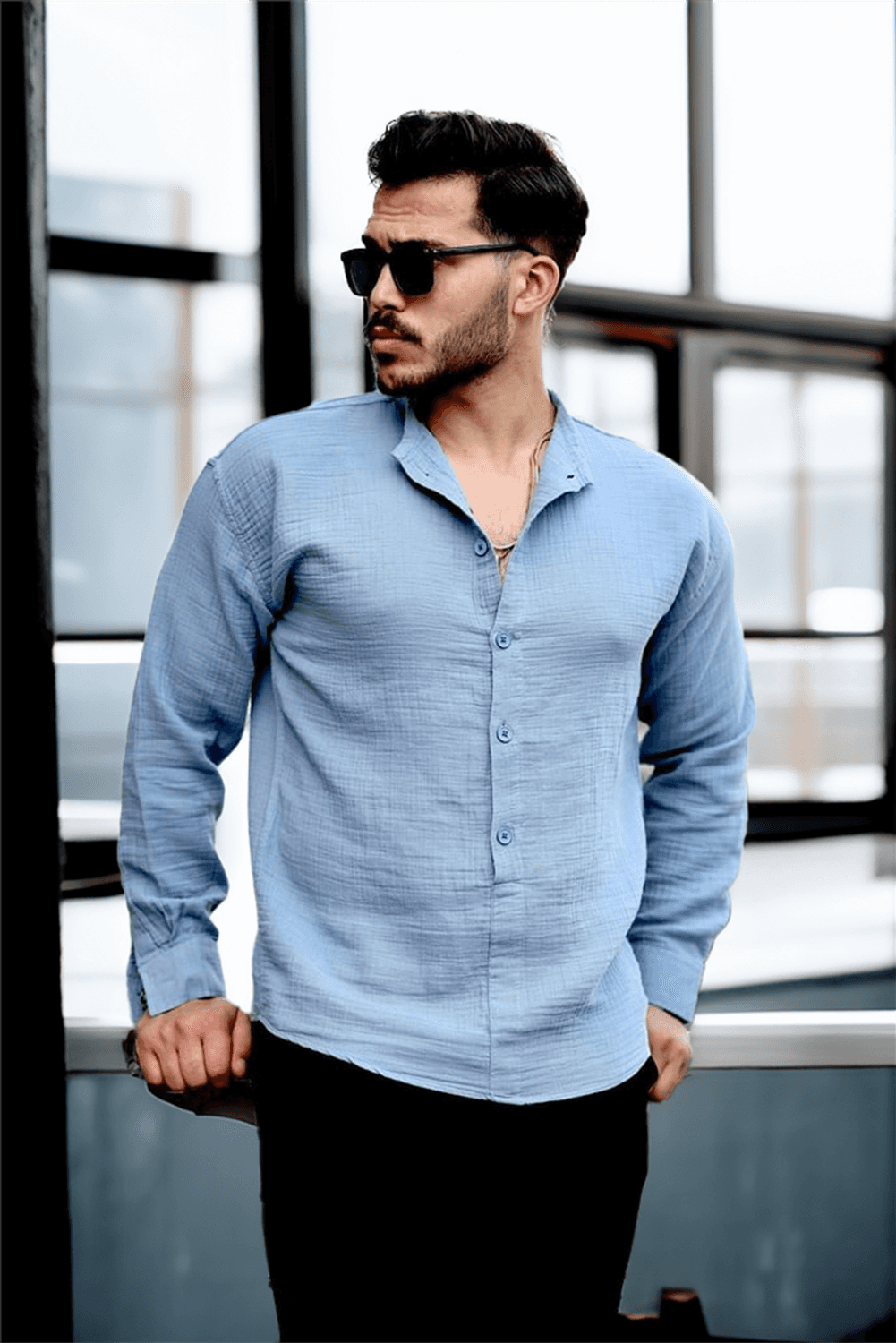 Yarım Pat Hakim Yaka Oversize Müslin Kumaş Gömlek - Soğuk Mavi