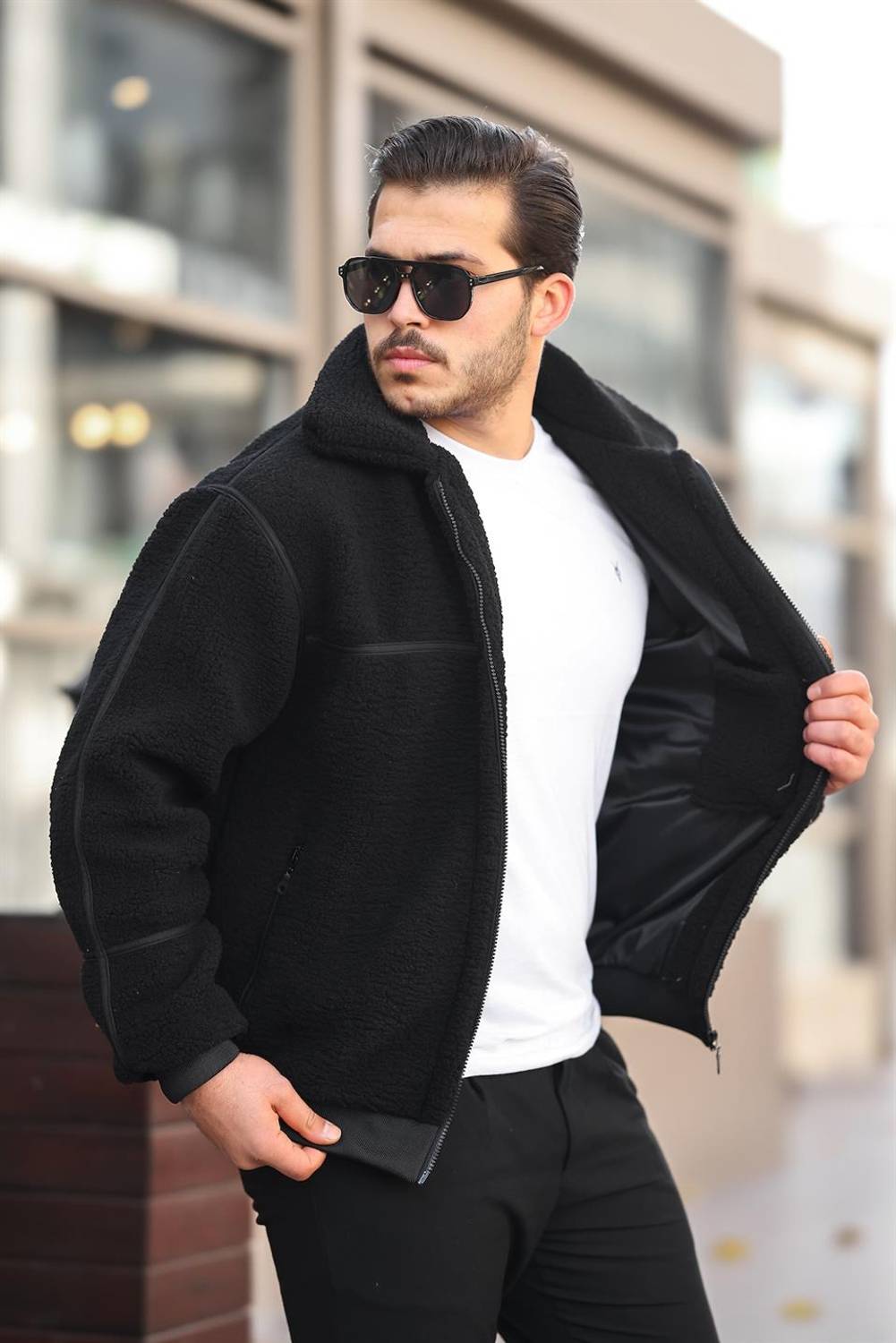 İçi Astarlı Şerit Detaylı Peluş Mont - Siyah