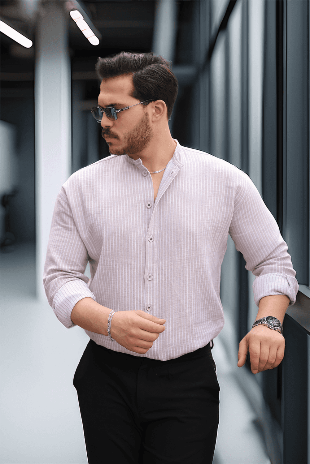 Çizgili Müslin Kumaş Yarım Pat Erkek Gömlek - Bej